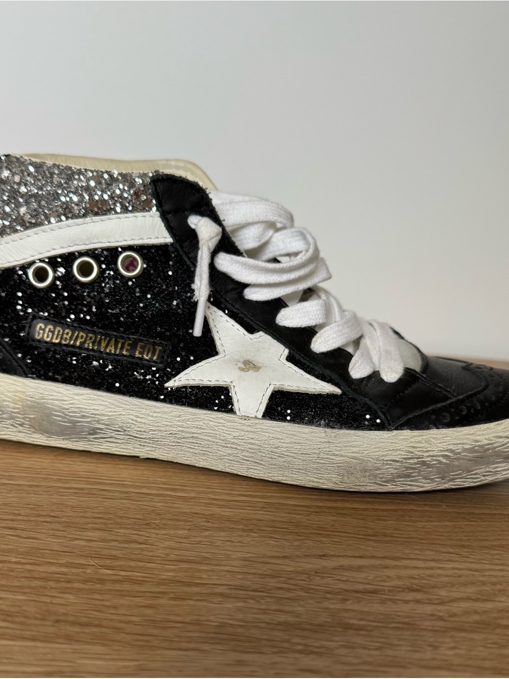 Golden Goose Black Glitter MIDSTAR High-Top Sneakers with White Star Size 37
